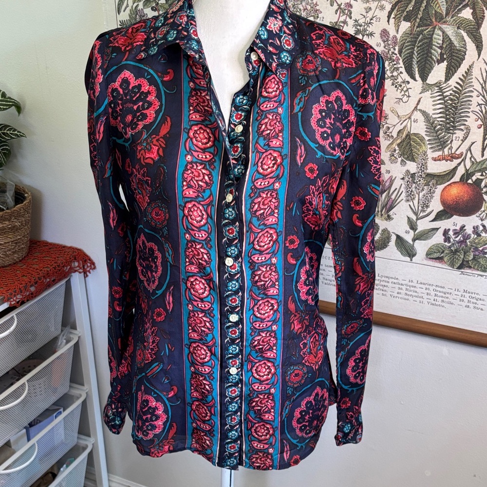 Lucky Brand Silk Floral Button-Down Shirt in Navy, Pink & Teal